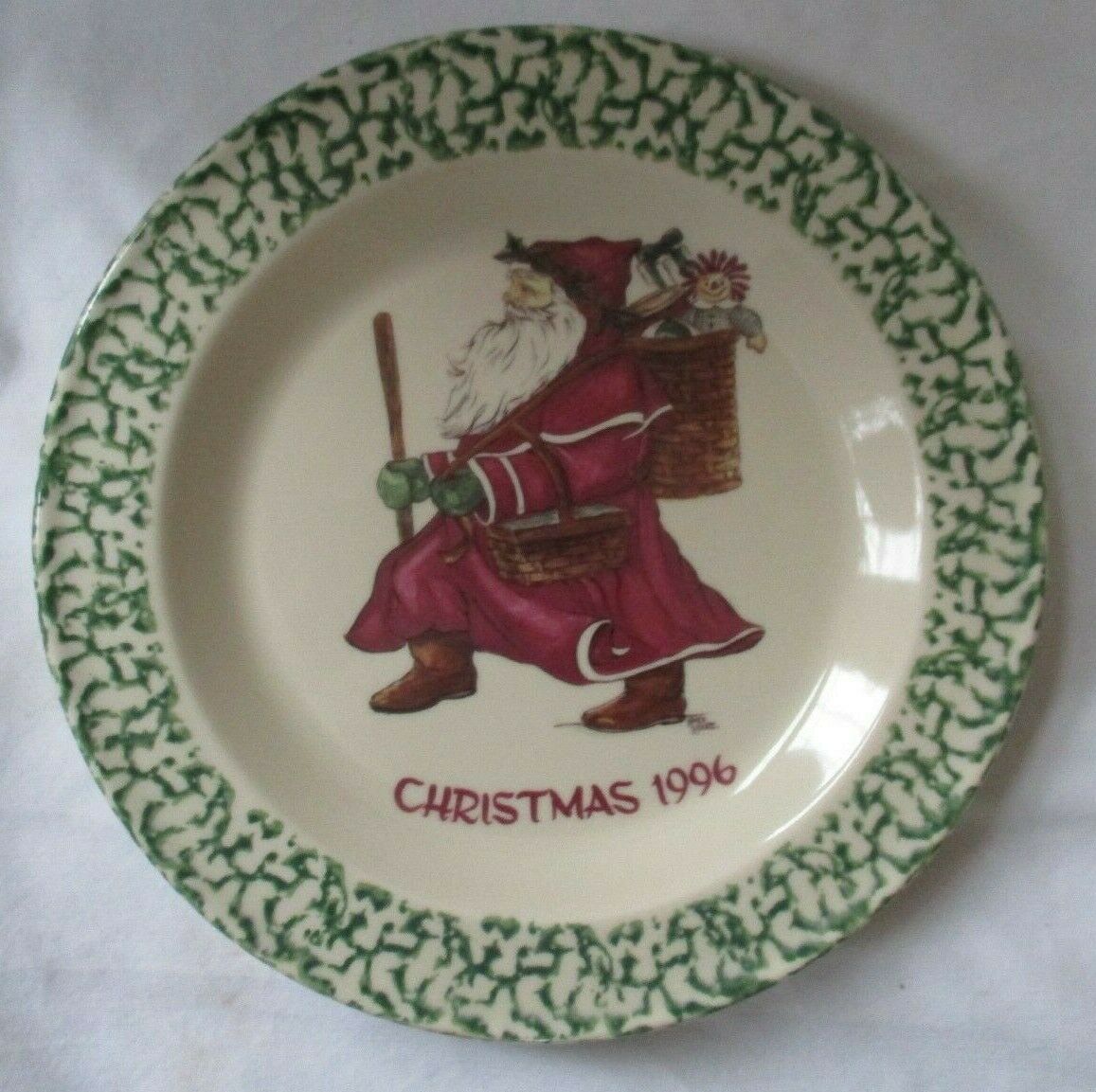 Gerald Henn Workshops Christmas 1996 Pottery Green Spongeware  Plate -new No Box