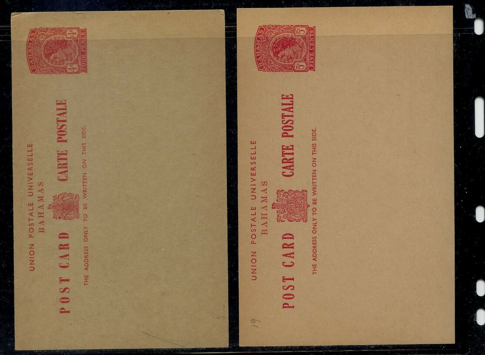 Bahamas   2  Postal Cards   Unused   4d,  5 Cents