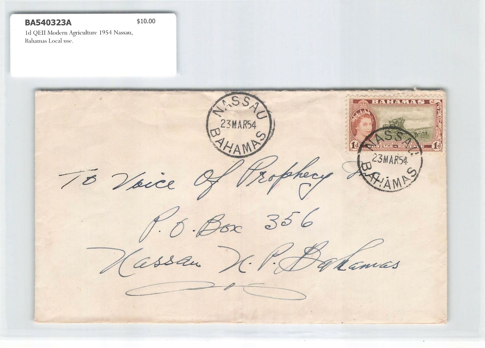 Bahamas 1954 1d Qeii Modern Agriculture On Locally Used Cover From Nassau