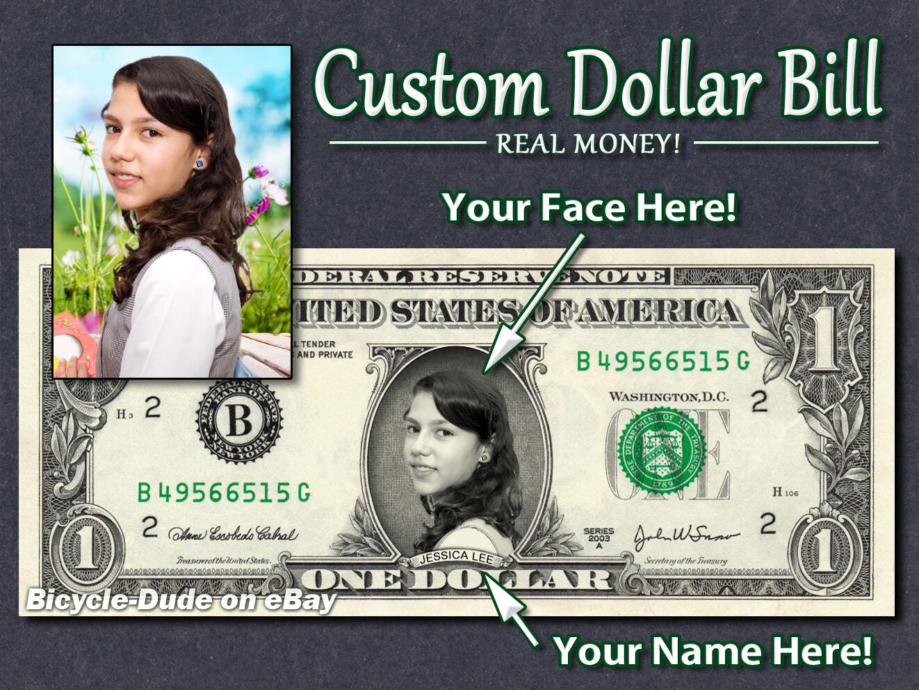 Real $1 Dollar With Your Face & Name Picture Custom Personalized Cash Money Bill